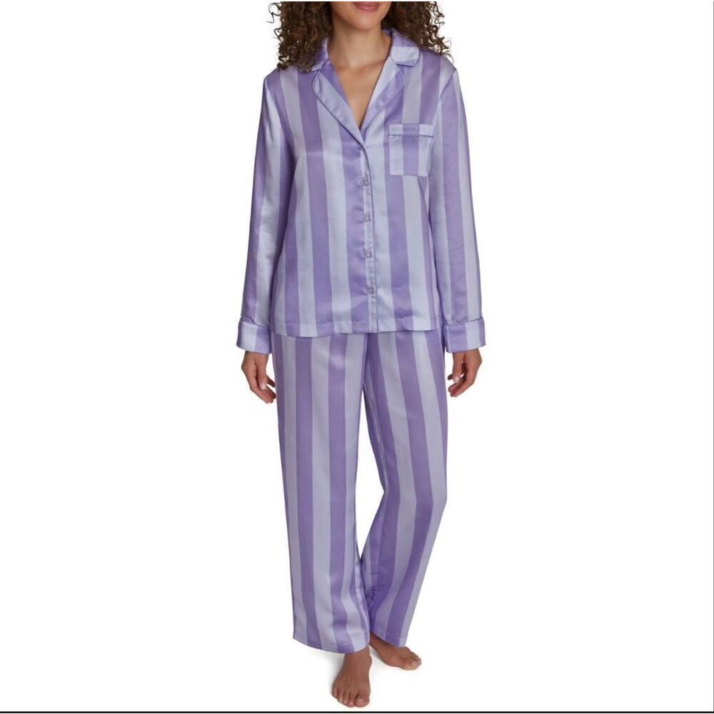 LOFT satin purple stripe notch collar pajama set medium